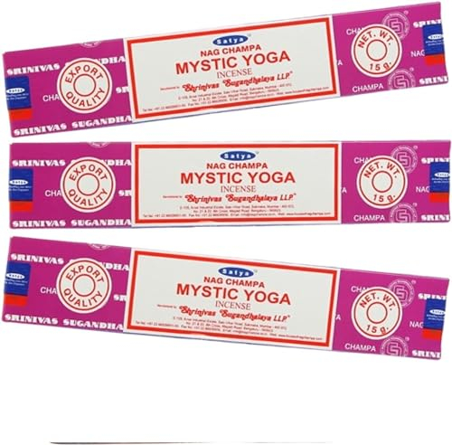 Booghe Satya Nag Champa Mystic Yoga Räucherstäbchen, 100 % natürlich, 3 Packungen, handgefertigte Räucherstäbchen, für Stressabbau, spirituelle Dekoration, Verschmieren und Meditation