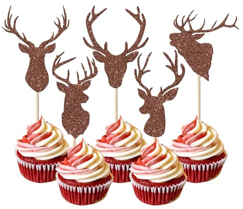 SYKYCTCY 30 Pack Christmas Deer Cupcake Toppers Glitter Christmas Antler Cupcake Picks Xmas New Year Hunting Baby Shower Birthday Cupcake Decorations Party Supplies
