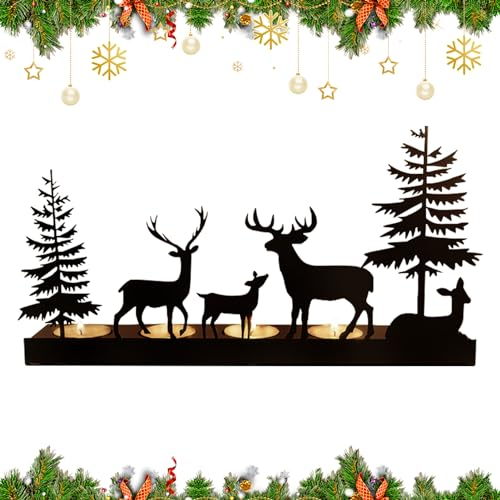 Kerzenhalter Weihnachten Schwarz Teelichthalter, Kerzenständer Metall Modern, Kerzentablett Eckig, Weihnachtsdeko Amerikanisch Vintage Kerzen Weihnachten Tisch Deko (4 Hirsch)