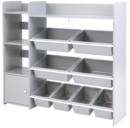 Maxmass Kids Storage Unit, Children Toy Box Organizer with 8 Storage Boxes, 4 Open Shelves & Enclosed Cabinet, Toddlers Storage Rack for Living Room, Playroom, Kindergarten (Gray)