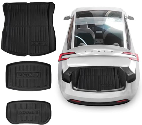 Ywooon [3 Stück] Kofferraummatten für Tesla Model 3 Highland 2024 Zubehör Cargo Liner Allwetter Kofferraumwanne Matten Schutz (Vordere + Hintere Aufbewahrungsmatte + Kofferraummatte)