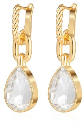 Mesovor Gold Kristall Creolen für Damen, 18 Karat Vergoldet Verdrehte Huggie Ohrringe | Grüne Schwarze Kristall Wasser Tropfen Hängend Schmuck Geschenke (Weiß)