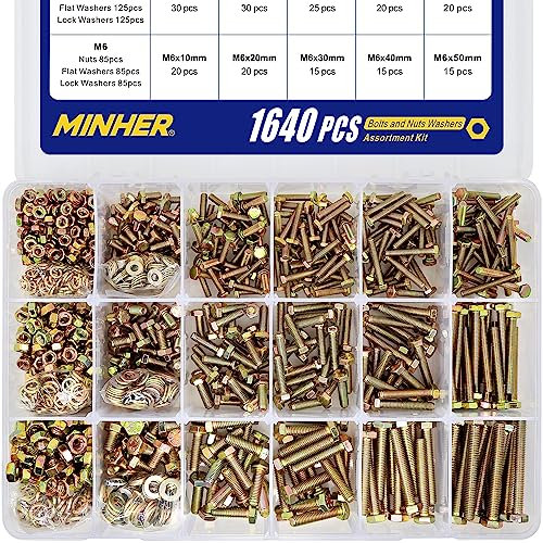 MINHER 1640 Stück M4 M5 M6 Sechskantschrauben mit Außensechskant und Muttern Unterlegscheiben set 8.8 Verzinkter Legierter Stahl
