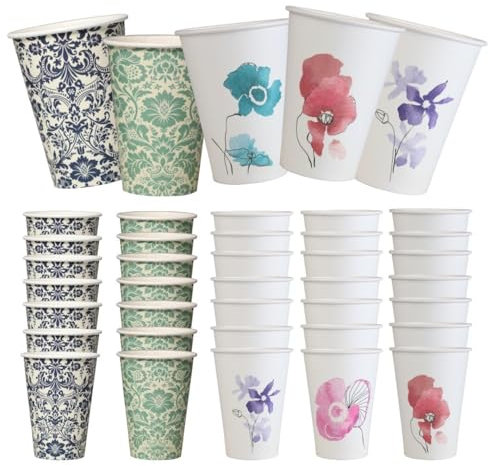 Mecup Bicchieri in Carta, Bicchieri Monouso, 200 Pezzi, Tazza Caffè 200 ml, Usa e Getta, Per Bevande Calde e Fredde, Design Elegante, Igienici, Biodegradabili. Fantasia: Floreale, Rosso