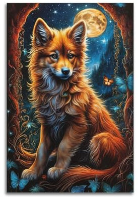 BPQN Tier-Kunstwerk-Poster, Fuchs unter dem Mond, dekoratives Gemälde, Leinwand-Kunstbild, 30 x 45 cm
