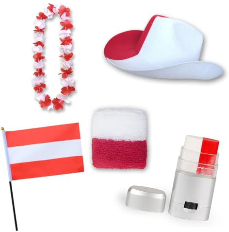 Sonia Originelli Fanset Fanartikel Fanhut Blumenkette Schminkstift Schweißband Fähnchen WM EM Farbe: Österreich