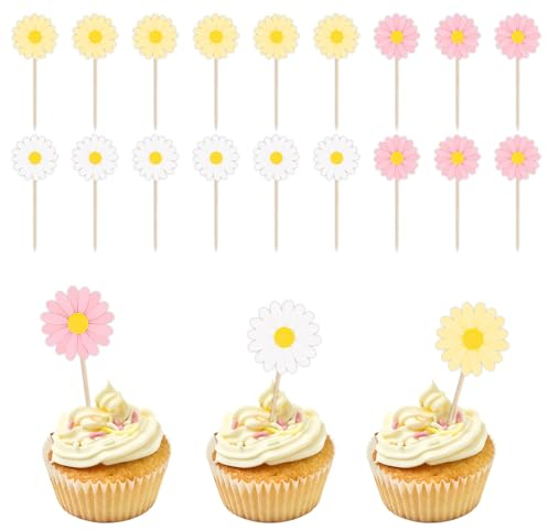 18 Pieces Topper Margaritas, Margarita Decoracion Tartas, Adornos para Magdalenas, Pastel de Decoración para Niños, Niñas, Baby Shower, Matrimonio - Blanco Rosa Amarillo