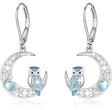 TRISHULA Mondstein Eule Ohrringe, 925 Sterling Silber, Keltischer Knoten, Hänger, 2 Stück