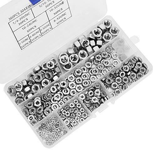 Hochwertige Sechskantmuttern, 360 Stück, Sechskantmuttern aus Edelstahl, dickes amerikanisches Gewinde, UNC-Muttern, 15 x 8 x 3