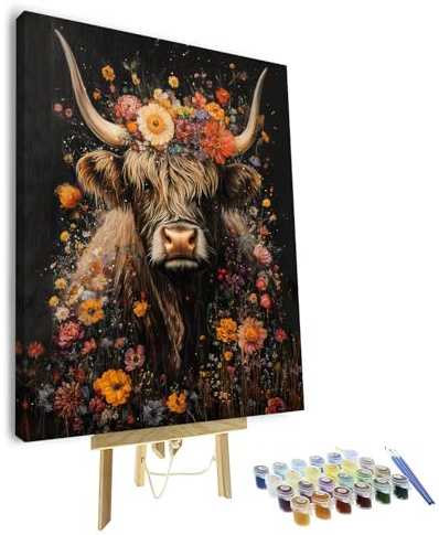 TISHIRON Malen Nach Zahlen Erwachsene Kühe und Blumen Explodieren in Schottland - DIY Handgemalt Ölgemälde Leinwand Kits für Frauen Home Deko Geburtstag Weihnachten Geschenk - 40 x 50 cm (Mit Rahmen)