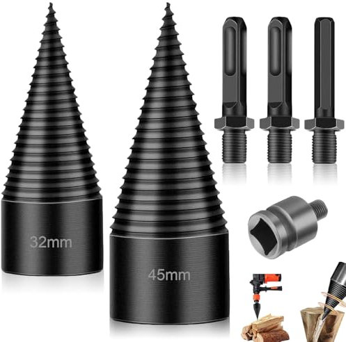 Holzspalter Schraube Kegel Set,32mm + 45mm Bohrkegel Holzspalter mit 3 Bohrgriffe,Spaltholzkegel Holzspalterbohre,Brennholzspalter Bohrer,Schraube Kegel,Holzspalter Schraube Kegel für den Haushalt