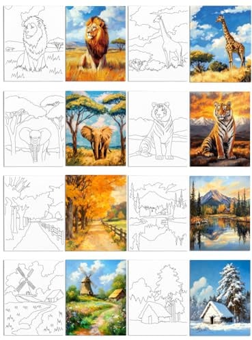 WEBEEDY 8 Stück Vorgezeichneter Leinwand Set Für Erwachsene 20x25cm Leinwand Malsets Vorgespannte Leinwand Für Anfänger Date Night (Tiere & Landschaft)