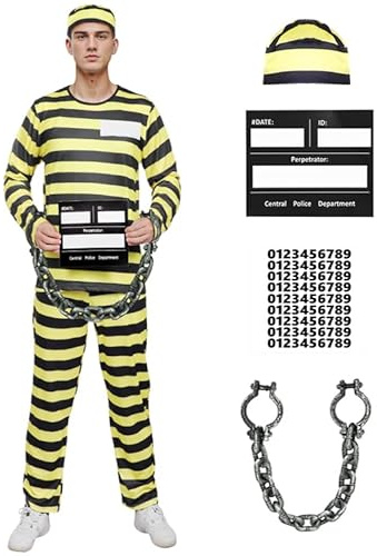 HarnyLoom Häftling Kostüm Herren Sträfling Knast Outfit Erwachsene Damen Gefängnis Kostüm Prison Costume T-Shirt Hose Mütze Aufkleber Cosplay Karneval Halloween (3XL)