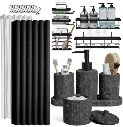 Clara Clark Bathroom Set - Coal Black Bathroom Accessories Set, 24PC Bathroom Accessory Set, Bathroom Sets with Shower Curtain Set, Adhesive Corner Shower Caddy Hanging & Soap Dispenser