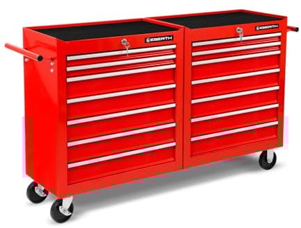 EBERTH Carrello da officina, carrello portautensili in metallo, vuoto, 14 cassetti, verniciato a polvere rossa, 2 ruote piroettanti con freno, cassetta portautensili, arrotolabile, per autofficina