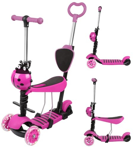 5-in-1 Kinder Roller Scooter mit Abnehmbarer Karikaturkorb Sitz Schubstange LED große Räder Bequeme Rückenlehne Höheverstellbare Lenker für Kleinkinder Jungen Mädchen ab 2 Jahre