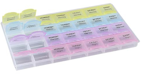 Tablettenbox 7 Tage 4 Fächer Morgens Mittags Abends, Handlicher Tablettenbox mit Großen Separaten Fächern für Medikamente, Vitamine, Fischöl, Nahrungsergänzungsmittel