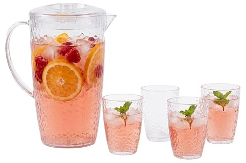 Premier Housewares Functional Design 2.2L Plastic Pitcher with 4 Cups | Smart Design Pitcher Jug for Outdoor Parties | Honeycomb Finish Plastic Pitcher for Restaurant, House