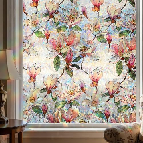 Qualsen Stained Glass Window Films Rainbow Window Film Privacy Film for Glass Windows Magnolia Flower Pattern Self Adhesive Static Cling Decorative Anti UV Windows Vinyl for Home 60 x 200cm