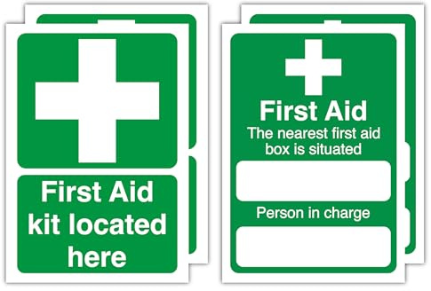 4-Pack First Aid Signs – 148x210mm – “First Aid Kit Located Here” & “The Nearest First Aid Box Is Situated” – Polypropylene Glossy-Laminated Waterproof Stickers & Labels – Signage for Workplace/Office