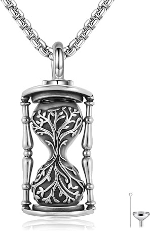URONE Sanduhr Urnen Kette für Asche 925 Sterling Silber Sanduhr mit Lebensbaum Anhänger Asche Schmuck Gedenk Schmuck Geschenke für die Asche Geliebter Menschen