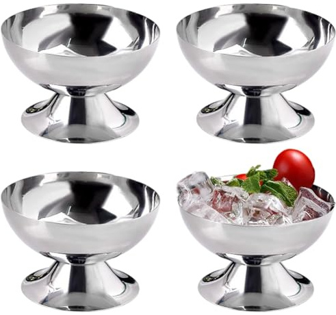 EUBSWA Eisbecher Edelstahl Dessertgläser - 4 Stück 200ml Ø 10cm Eisbecher, Ice Cream Sundae Dessertgläser, Cocktail Gläser, für Eiscreme, Obstsalat, Joghurt, Hochzeiten & Partys (6.2 cm hoch)