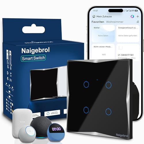 WLAN Smart Lichtschalter 4-Gang Unterputz mit Neutralleiter, keine Wechselschaltung, App Steuerung, Touch Glas, Alexa & Google, 2.4GHz, Ohne Hub, 10A 400W（Schwarz）
