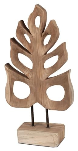 formano Teakholz Deko Objekt Blatt stehend Design Skulptur auf Fuß 48 x 24 cm - Massive Holzdekoration für Wohnzimmer, Sideboard & Fensterbank - natürlich & handgefertigt