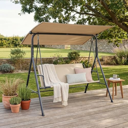 [en.casa] Balancín de Jardín Satten para 3 Personas Columpio para Exterior de 3 Plazas con Toldo Terraza Balcón Patio Resistente al UV y Agua 173 x 119 x 153 cm Acero - Verde Claro/Beige
