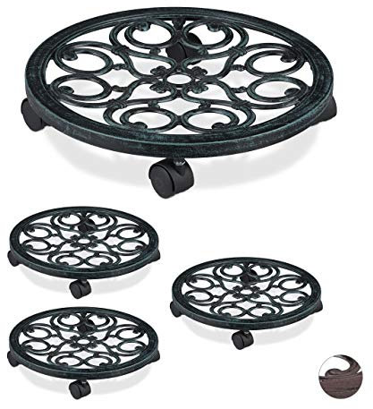 Support Roulant Plantes Rond, Lot de 4, en métal, Plateau Roulant Pots à Fleurs, Aspect Antique, Vert