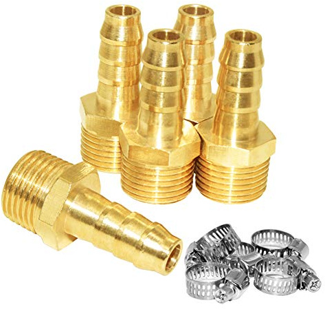 JoyTube 5 Pcs Hose Barb Fittings 3/8 Barb to 1/2 NPT Male Thread Brass Metals Adapter Connector with Hose Clamp