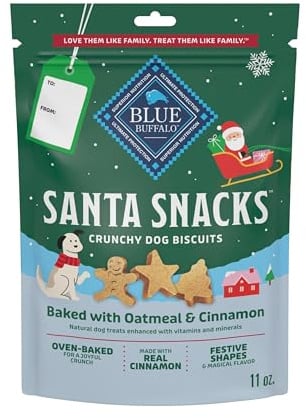 Blue Buffalo Santa Snacks Crunchy Dog Biscuits, Oven-Baked With Natural Ingredients, Oatmeal & Cinnamon, 11-oz Bag