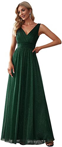 Ever-Pretty Damen V-Ausschnitt Ärmellos Hohe Taille Glitzer Elegant Lang Ballkleid Dunkelgrün 40