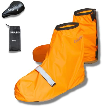 sweatness Überschuhe Fahrrad Wasserdicht Inkl. Sattelbezug - Gr. 40-43 Orange mit Reflektorenstreifen und einfachen Größeneinstellung für Damen und Herren