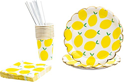 40 Piece Party Tableware Set - Includes 10 Plates, 10 Cups, 10 Napkins and 10 Straws (Lemons Design)
