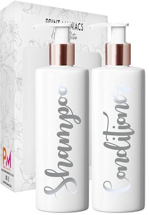 Print Maniacs White Mrs Hinch Inspired Personalised 500ml Bottles Bathroom Shampoo Conditioner Rose Gold Pump (Set 2) (Matt Silver)
