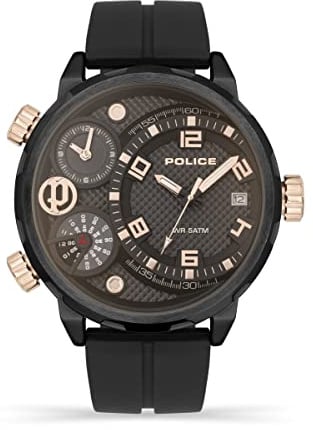 Police Ray Herren Multifunktionsuhr mit schwarzem Zifferblatt und schwarzem Silikonarmband, 51 mm Edelstahlgehäuse in Markenuhrenbox PEWJN2195301-2 Jahre Garantie, hautfarben, Einheitsgröße, Armband