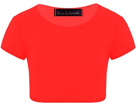 Kids Girls Neon Fluorescent Plain Short Sleeve Crop Tops T-Shirt Tee Top Dance Wear Gymnastic Fancy Dress Colour: Red - Size: 7-8 Years
