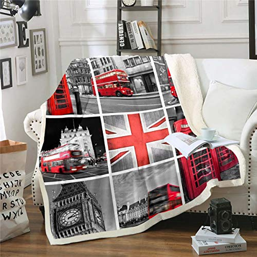 Mädchen Big Ben Wohndecke für Kinder Damen Herren Rot Grau London UK Thema Decke 150x200cm Berühmte Telefonzelle Kuscheldecke Mikrofaser Retro England Bus Flanell Fleecedecke Raumdeko