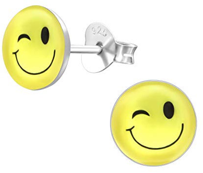 Laimons Mädchen Kids Kinder-Ohrstecker Ohrringe Kinderschmuck zwinker Smiley Gesicht fröhlich happy Platte Scheibe Gelb Schwarz aus Sterling Silber 925