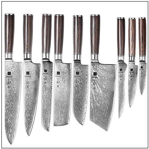 WERWER 1-9 pz Coltello da cucina Set Professionale Damasco Steel Chef Pane Pane Pronuning Santoku Sharp Nakiri Cook Kniom Knife Knife (Color : F210 9piece set)
