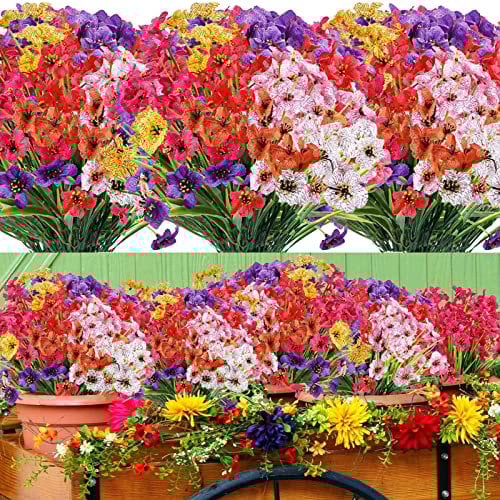 Lot de 14 Fleurs Artificielles d'Extérieur 7 Couleurs Fausses Fleurs Résistantes aux UV pour Intérieur Extérieur Maison Jardin Mariage Décoration Plantes Artificielles en Soie Verdure Arbustes Plantes