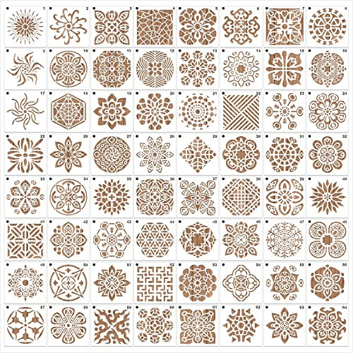 MWOOT 64 Stück Mandala Geometric Painting Stencils Schablone,Wiederverwendbare DIY Malerei Vorlage Stencil Kit für Anfänger,Blume Geometrisch Schablonen Malen für Leinwand Möbel Handwerk (9x9 CM)