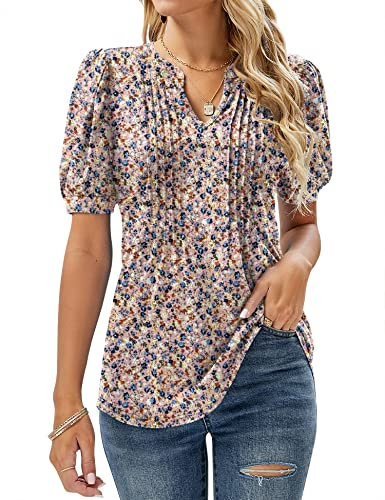 EFFAN Womens Tunic Tops Short Sleeve Summer T Shirts Ladies Blouses Floral Printed Fashion Top Floral Pink M (UK 12-14)