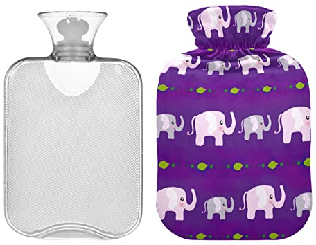 Niedlicher rosa Elefant auf königsvioletter Wärmflasche mit Bezug, Hot Pack für Krämpfe, Schmerzlinderung, Periodenwärmer für Krämpfe 2L