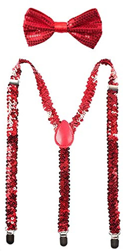 YUANZ Pailletten-Fliege und Hosenträger-Set, Y-Rücken-Stil, bequem verstellbar, elastisch, mit Clips, Unisex für Cosplay-Party (rot)