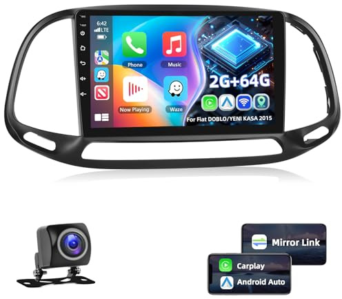 2+64G Autoradio für FIAT Doblo/Yeni Kasa 2015 mit Wireless A-pple Carplay/Android Auto,Podofo 9 Zoll Bildschirm Touchscreen Bluetooth-Freisprecheinrichtung/GPS/SWC/FM/RDS/WiFi/USB+AHD Rückfahrkamera