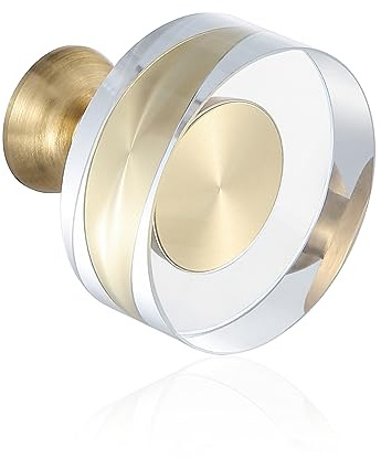 Guank 12-Pack 1-1/4-Inch White Cabinet Glass Crystal Brass knobs Brass Drawer Round Knobs Dresser Pulls, Gold Hardware Kitchen Closet knobs for Bifold Doors