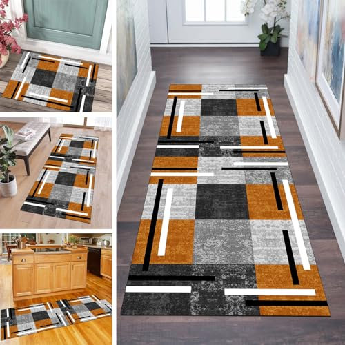 QQrunner Patchwork Läufer Flur Küche Teppich rutschfest 110x650CM Küchenteppich Grau Orange Waschbar Meterware Schlafzimmer Korridor Teppichläufer Lang, Länge Anpassbare, 60-120cm Breit