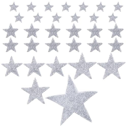 YYlingx 32PCS 5 Sizes Iron On Star Patches Rhinestone Silver Adhesive Applique Adhesive Star Patches Hot Glue Rhinestone Stars Glitter Crystal Patches for Clothing Jeans Repair Decoration DIY